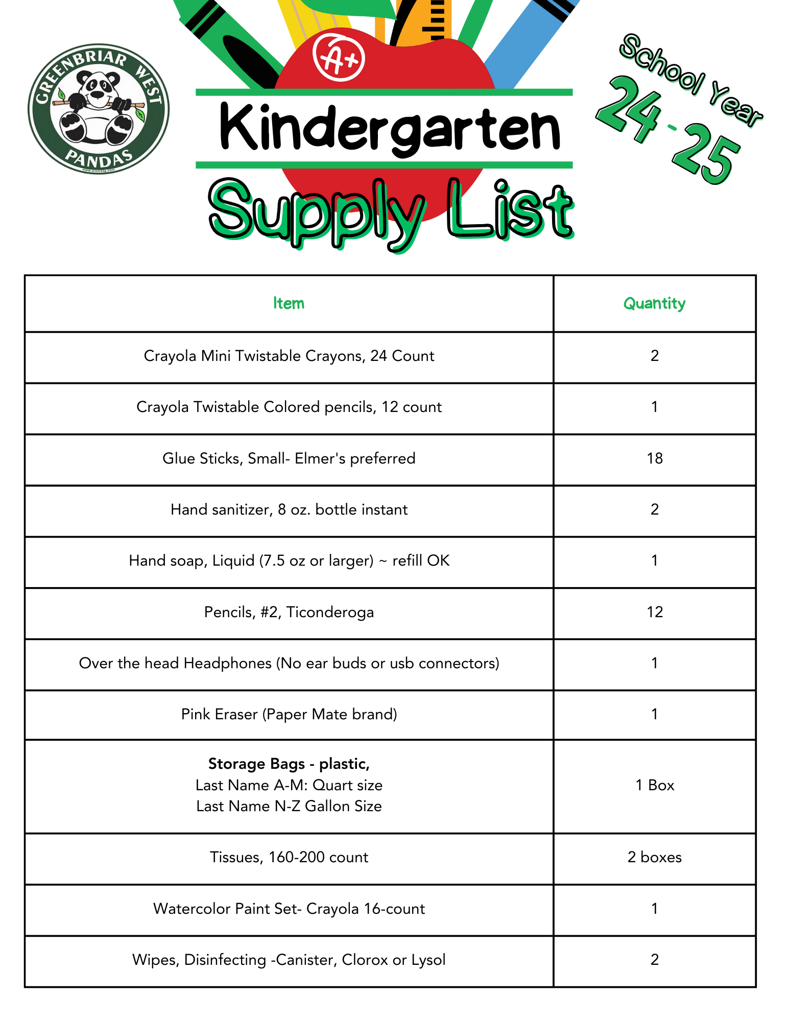 Supply list. please contact the school