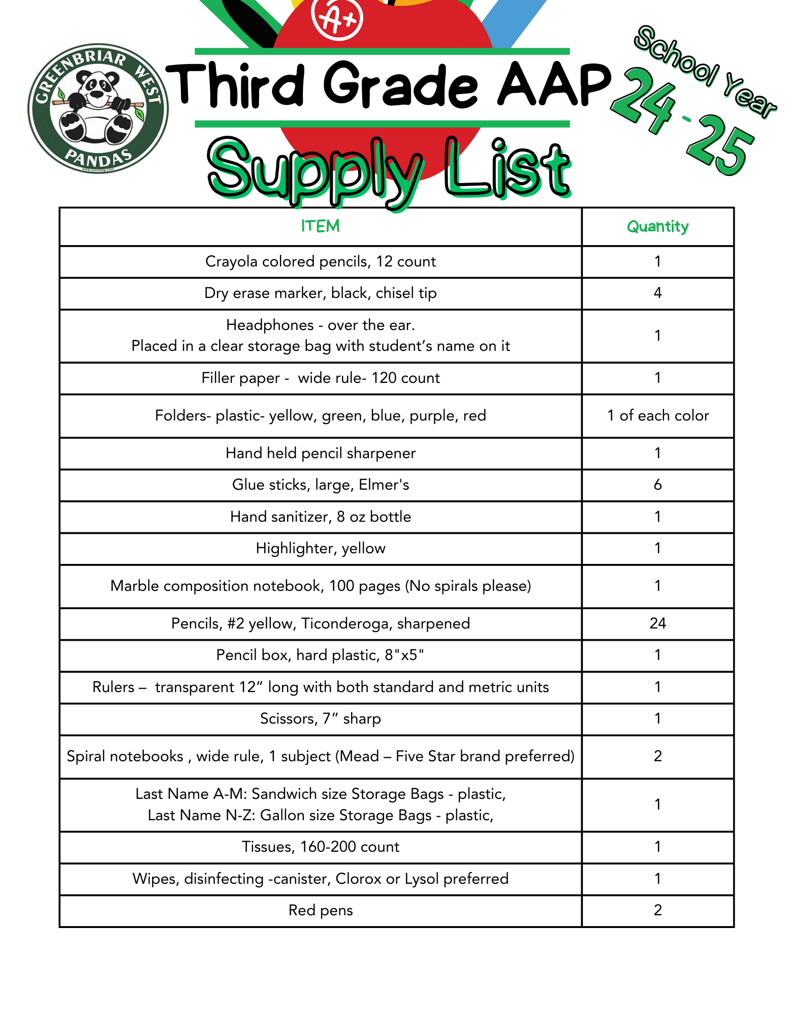 Supply list. Please contact the school