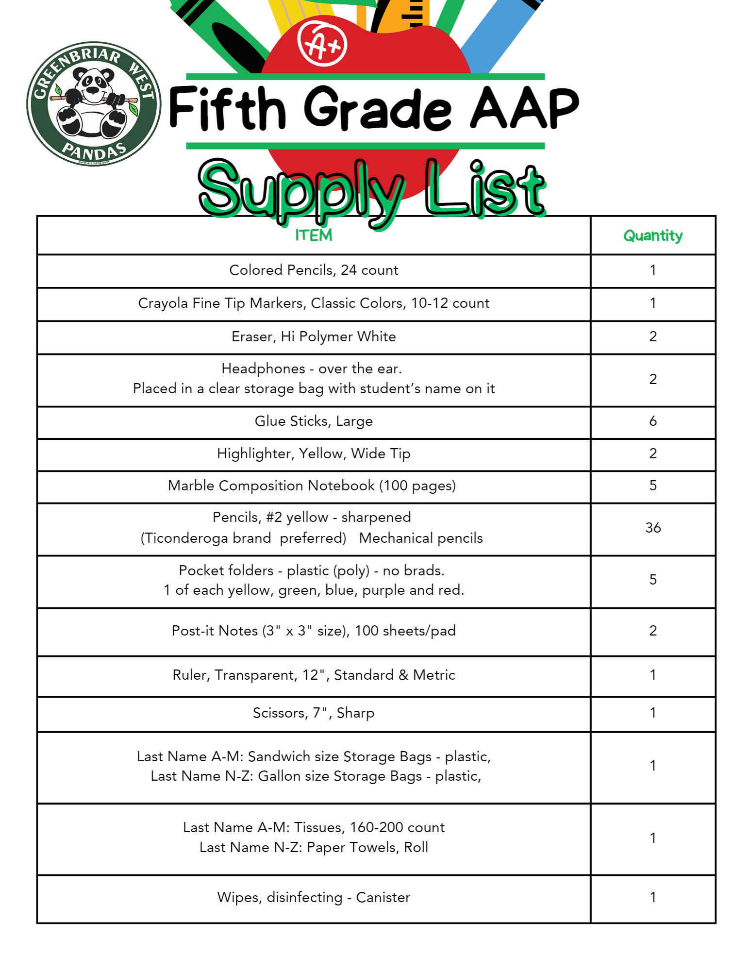Fifth Grade AAP Supply List 
