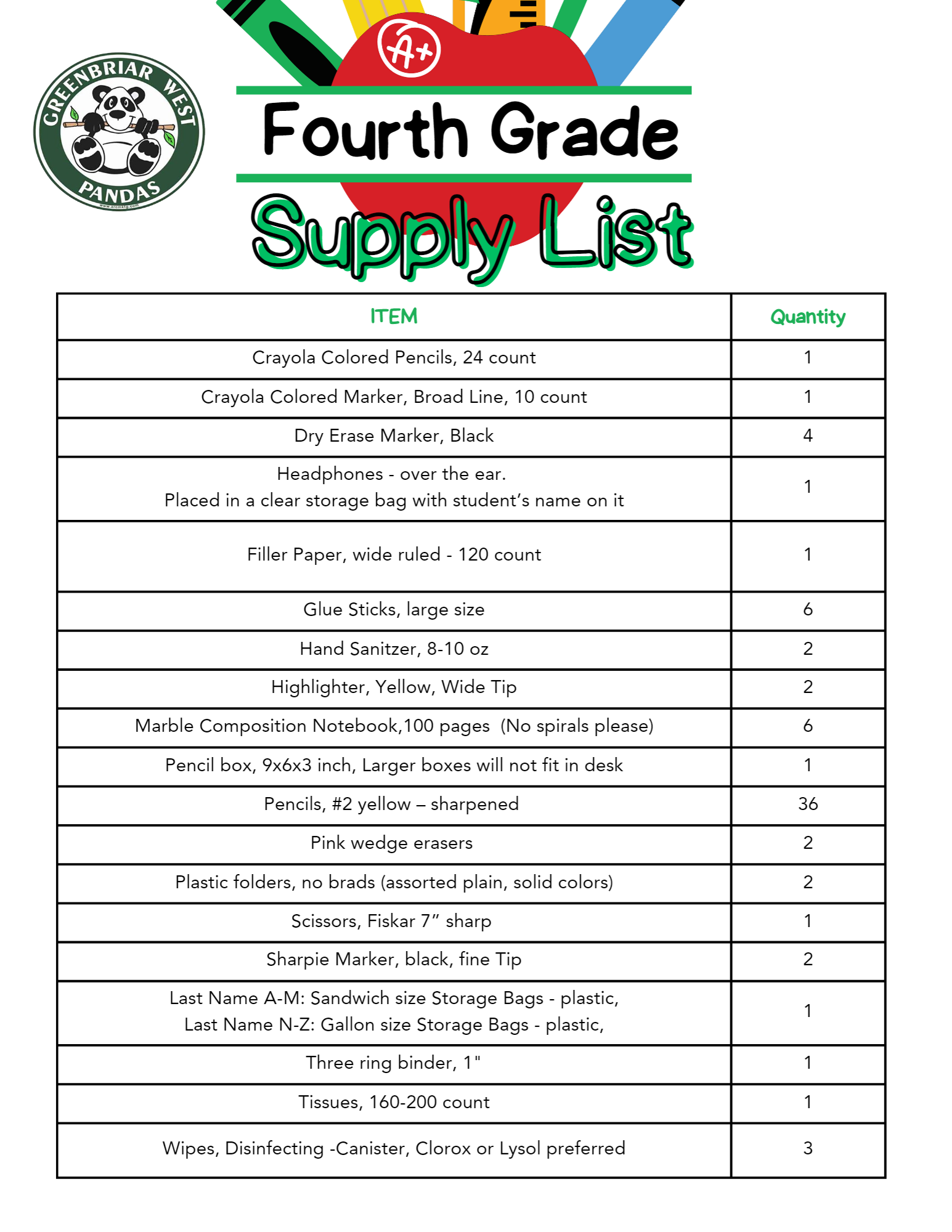 Fourth Grade Supply List 