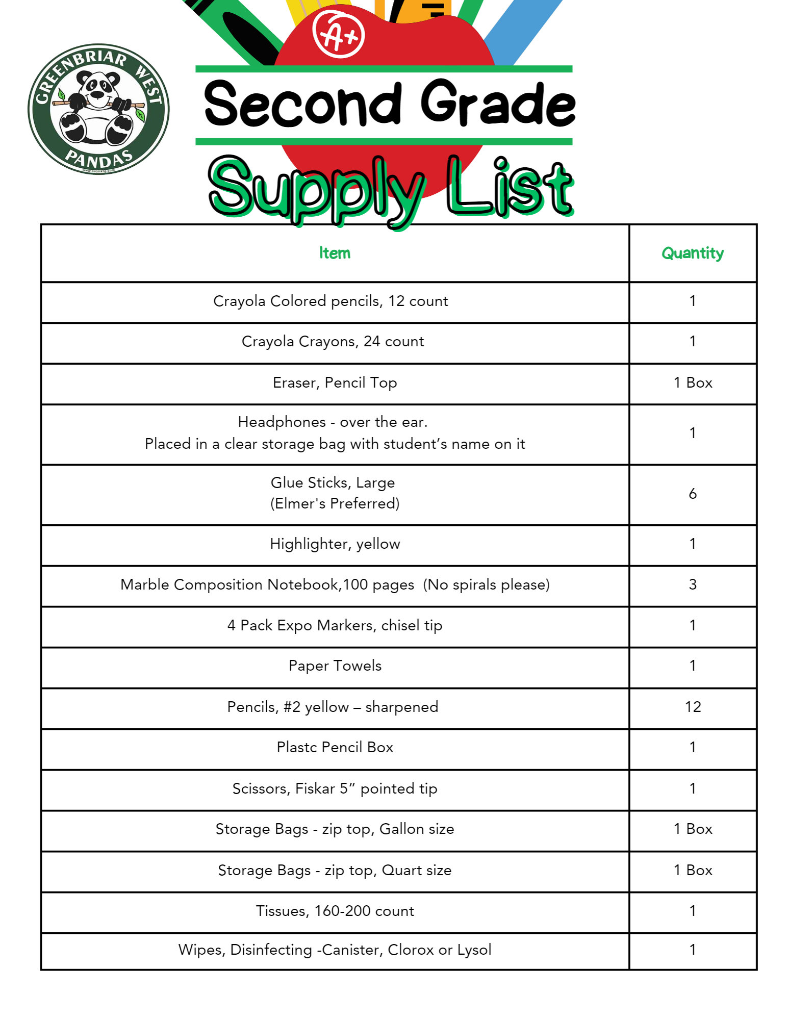 Second Grade Supply List 