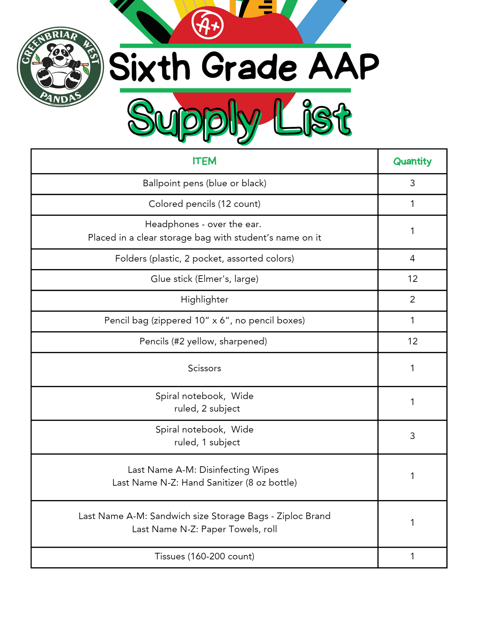 Sixth Grade AAP Supply List 