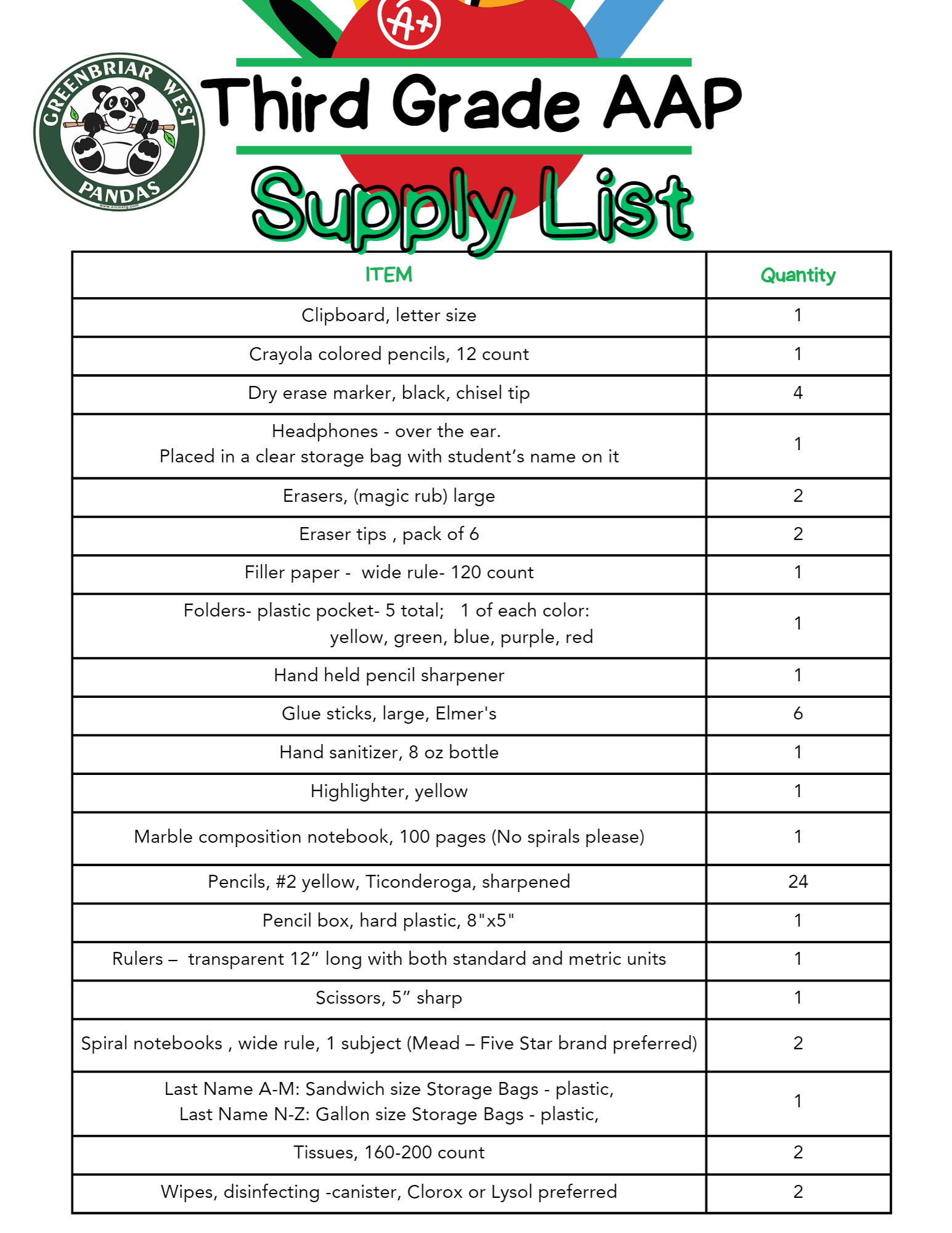 THird Grade AAP Supply list 