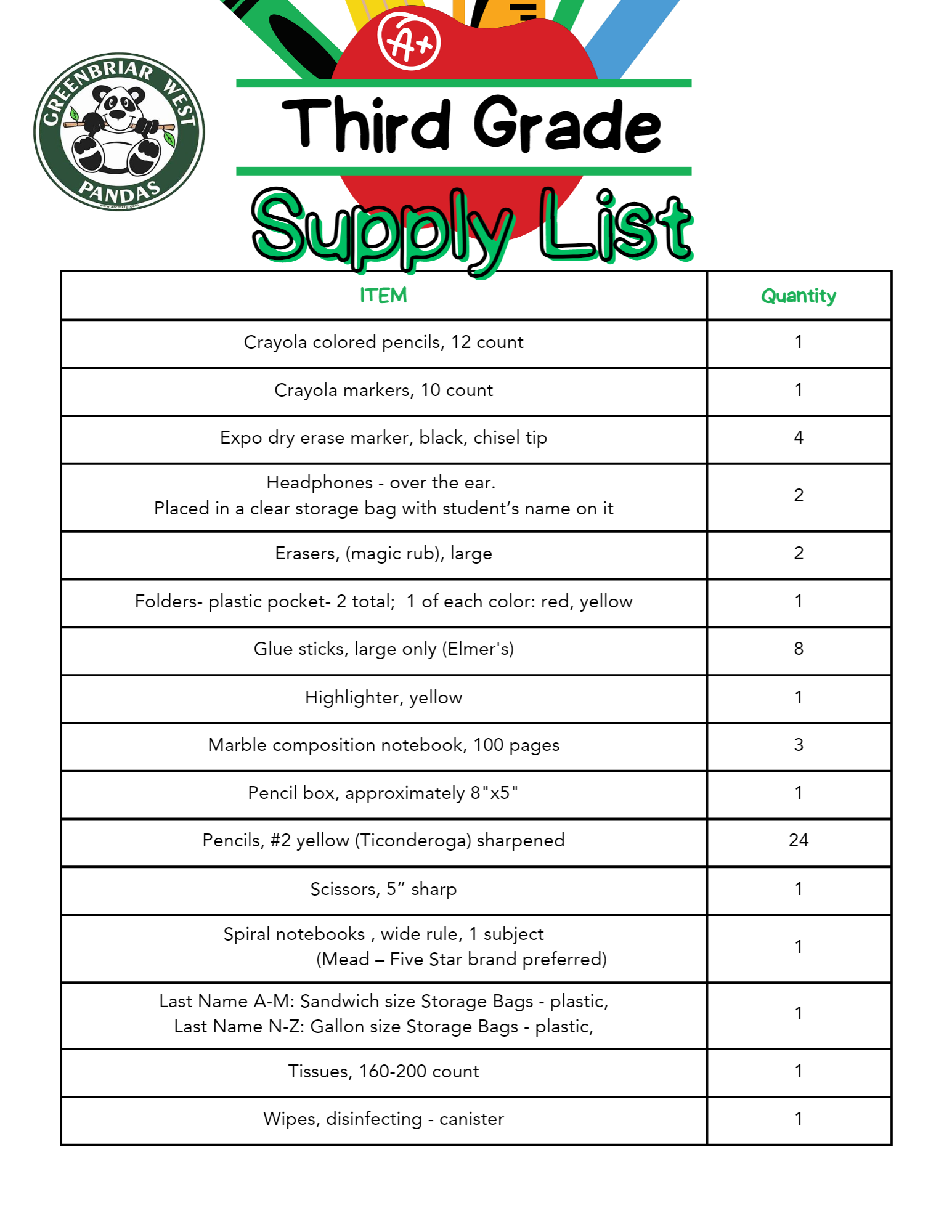 Third Grade General Ed Supply List 